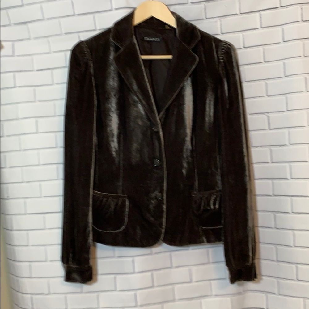 Tahari Brown Velvet Pleat-Pocket Blazer Size M